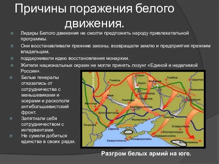 Лидеры Белого движения не смогли предложить народу привлекательной программы. Они восстанавливали