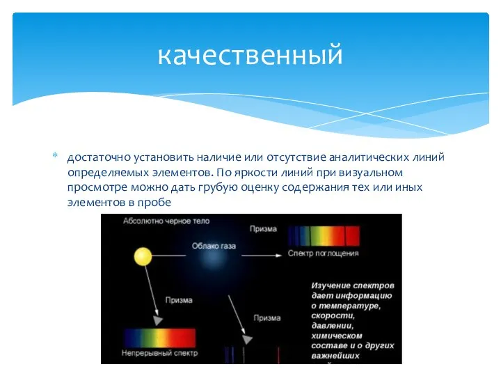 достаточно установить наличие или отсутствие аналитических линий определяемых элементов. По яркости