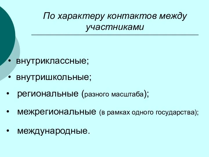 По характеру контактов между участниками • внутриклассные; • внутришкольные; • региональные