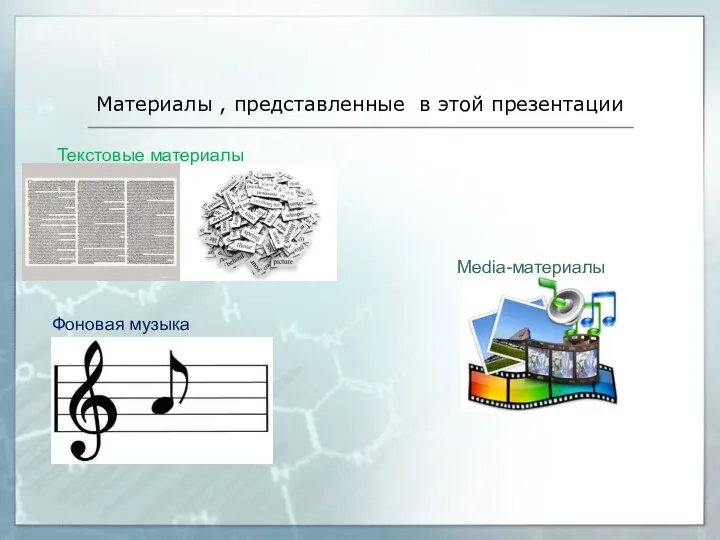 Материалы , представленные в этой презентации Текстовые материалы Media-материалы Фоновая музыка