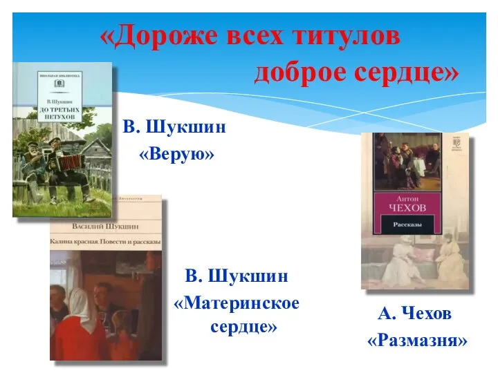 «Дороже всех титулов доброе сердце» В. Шукшин «Материнское сердце» В. Шукшин «Верую» А. Чехов «Размазня»