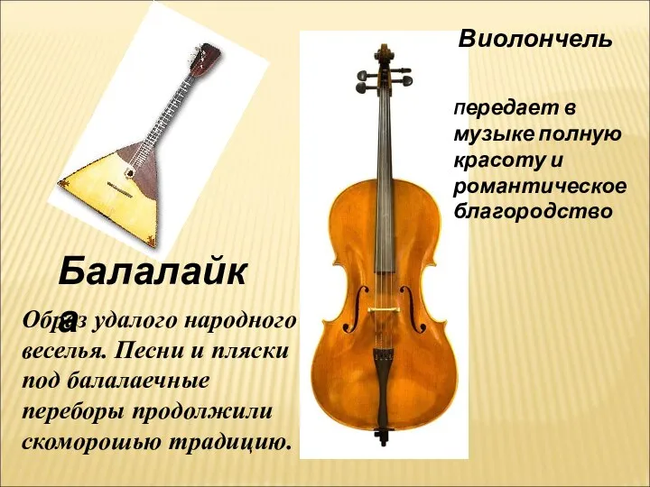 Балалайка Виолончель Образ удалого народного веселья. Песни и пляски под балалаечные