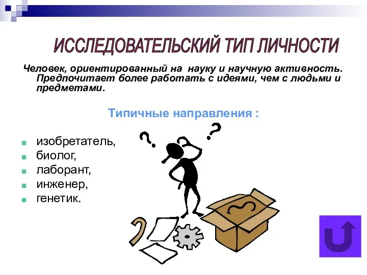 Человек, ориентированный на науку и научную активность. Предпочитает более работать с