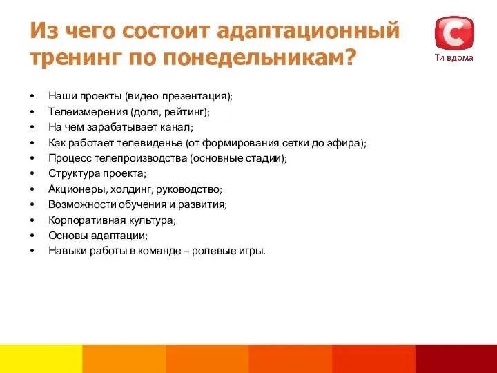 Из чего состоит адаптационный тренинг по понедельникам? Наши проекты (видео-презентация); Телеизмерения