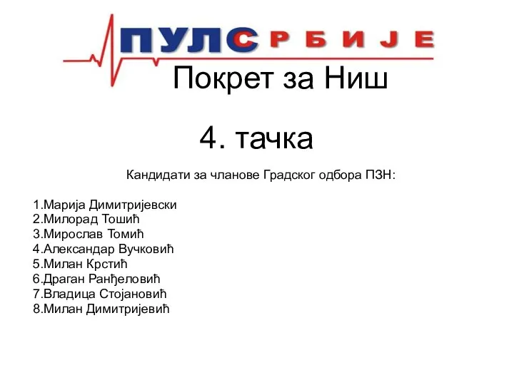 Покрет за Ниш 4. тачка Кандидати за чланове Градског одбора ПЗН: