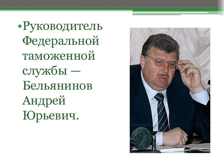 Руководитель Федеральной таможенной службы — Бельянинов Андрей Юрьевич.