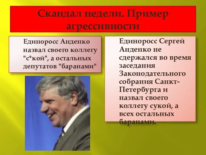 Скандал недели. Пример агрессивности Единоросс Анденко назвал своего коллегу "с*кой", а