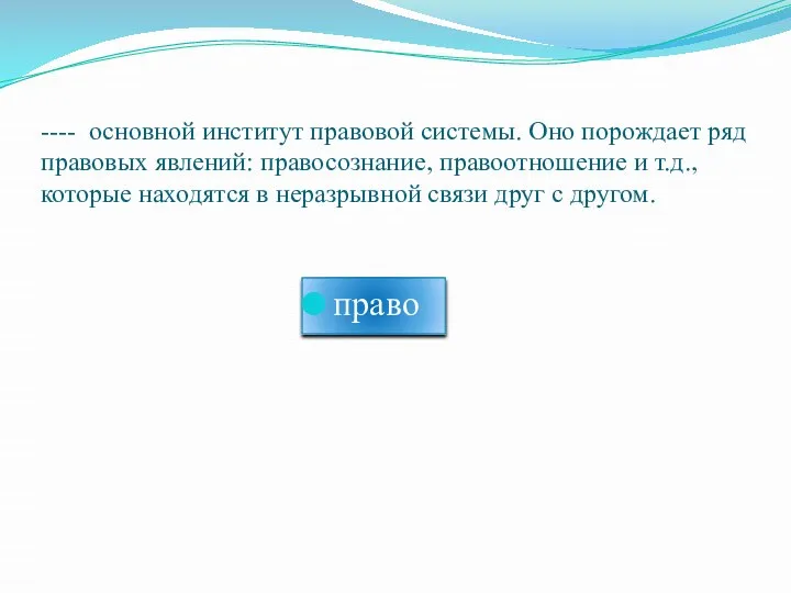 ---- основной институт правовой системы. Оно порождает ряд правовых явлений: правосознание,