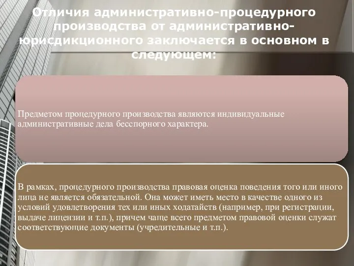 Отличия административно-процедурного производства от административно-юрисдикционного заключается в основном в следующем: