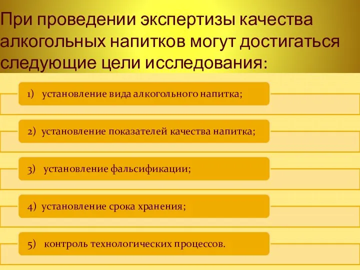 При проведении экспертизы качества алкогольных напитков могут достигаться следующие цели исследования: