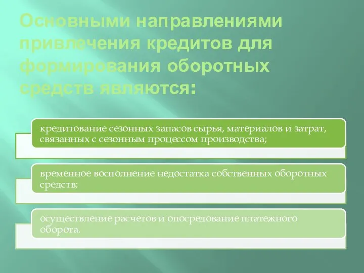 Основными направлениями привлечения кредитов для формирования оборотных средств являются: