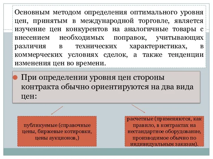 Основным методом определения оптимального уровня цен, принятым в международной торговле, является