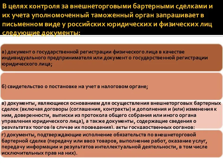 В целях контроля за внешнеторговыми бартерными сделками и их учета уполномоченный