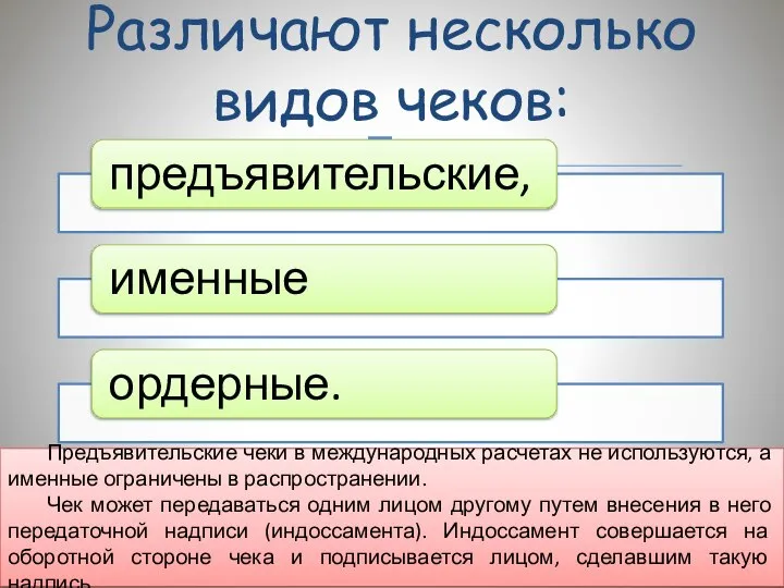 Различают несколько видов чеков: Предъявительские чеки в международных расчетах не используются,