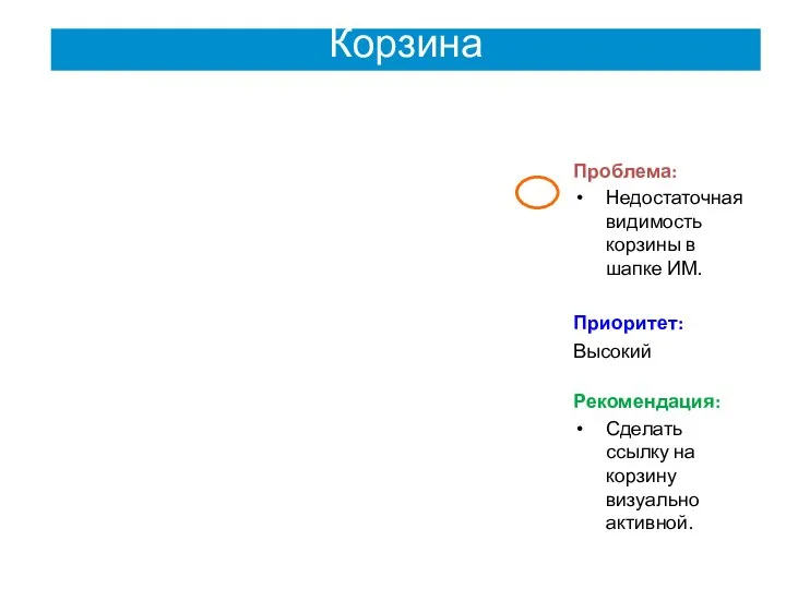 Проблема: Недостаточная видимость корзины в шапке ИМ. Приоритет: Высокий Рекомендация: Сделать