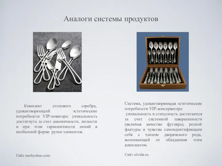 Аналоги системы продуктов Комплект столового серебра, удовлетворяющий эстетические потребности VIP-новатора: уникальность