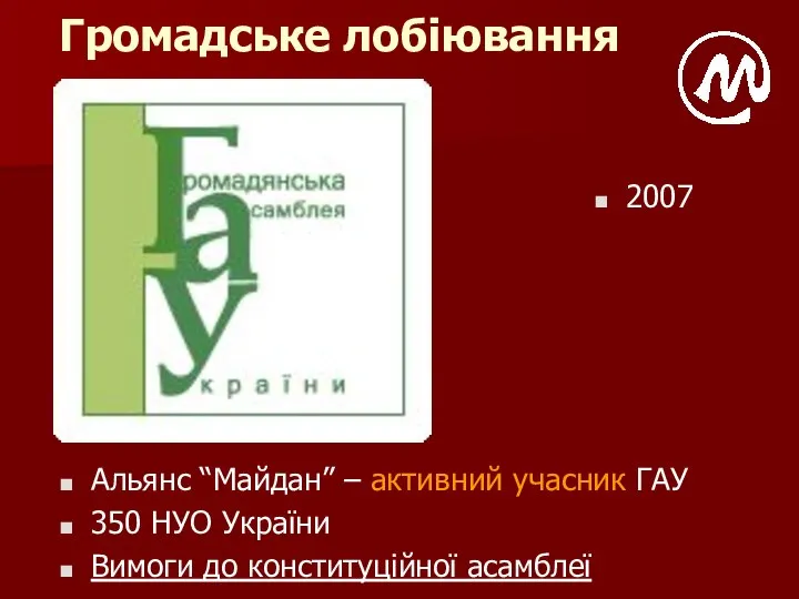 Громадське лобіювання 2007 Альянс “Майдан” – активний учасник ГАУ 350 НУО України Вимоги до конституційної асамблеї