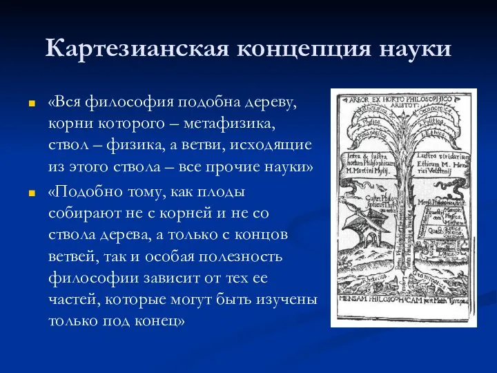 Картезианская концепция науки «Вся философия подобна дереву, корни которого – метафизика,