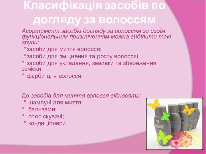 Класифікація засобів по догляду за волоссям Асортимент засобів догляду за волоссям