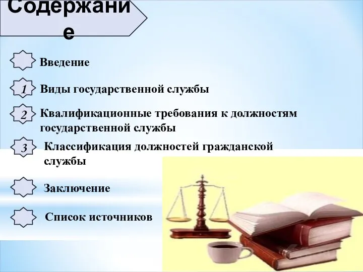 Содержание Введение 1 Виды государственной службы 2 Квалификационные требования к должностям