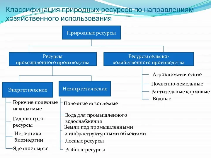 Классификация природных ресурсов по направлениям хозяйственного использования Природные ресурсы Ресурсы промышленного