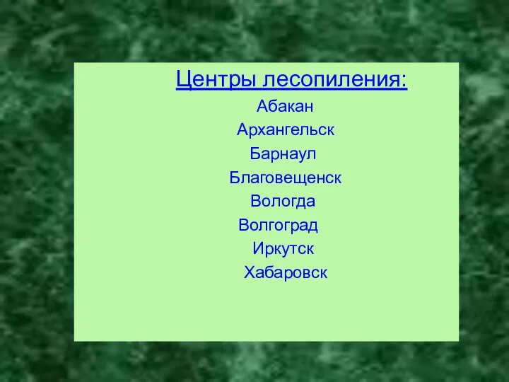 Центры лесопиления: Абакан Архангельск Барнаул Благовещенск Вологда Волгоград Иркутск Хабаровск