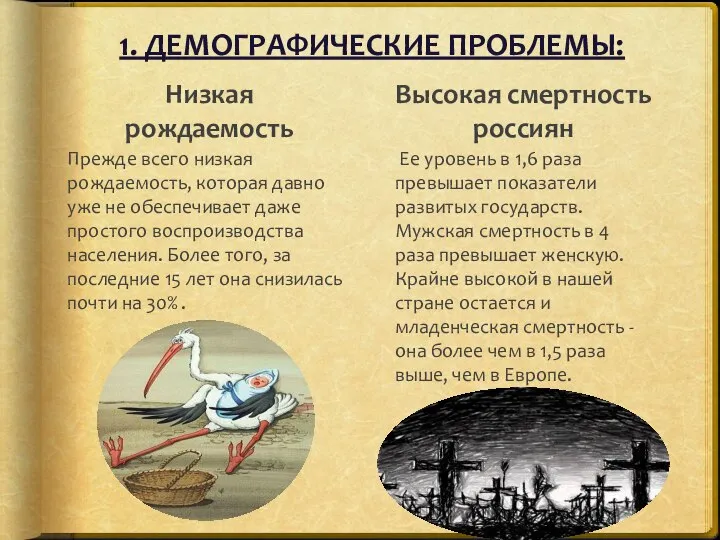 1. ДЕМОГРАФИЧЕСКИЕ ПРОБЛЕМЫ: Низкая рождаемость Прежде всего низкая рождаемость, которая давно