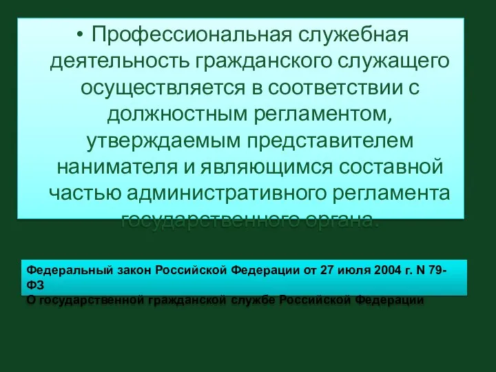 Профессиональная служебная деятельность гражданского служащего осуществляется в соответствии с должностным регламентом,