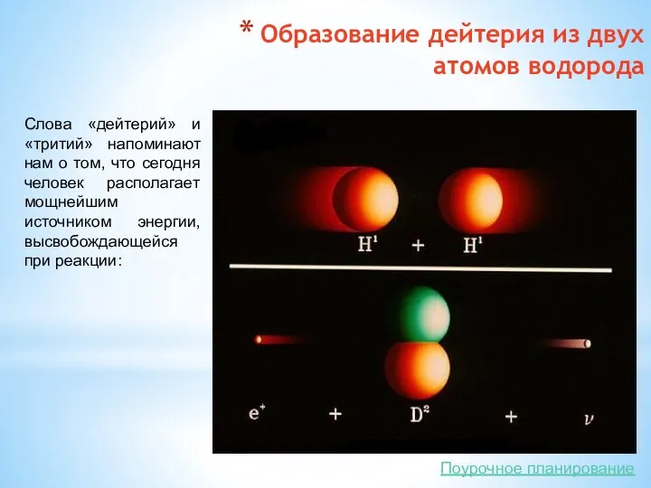 Образование дейтерия из двух атомов водорода Слова «дейтерий» и «тритий» напоминают