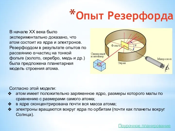 Опыт Резерфорда В начале XX века было экспериментально доказано, что атом