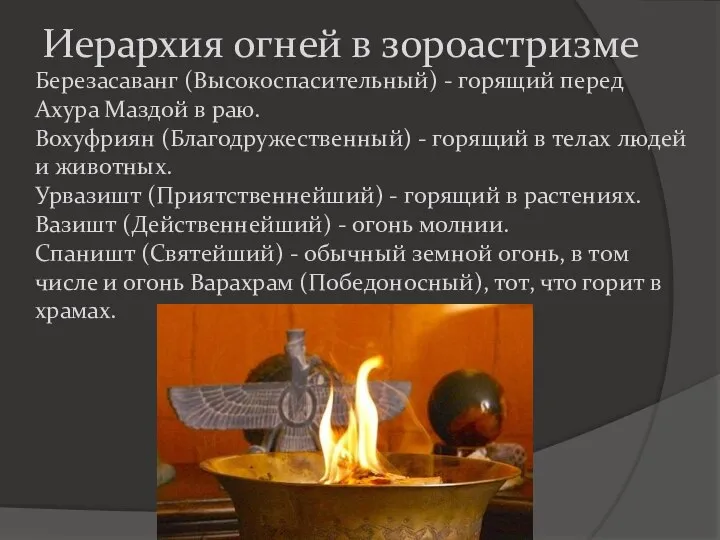 Иерархия огней в зороастризме Березасаванг (Высокоспасительный) - горящий перед Ахура Маздой