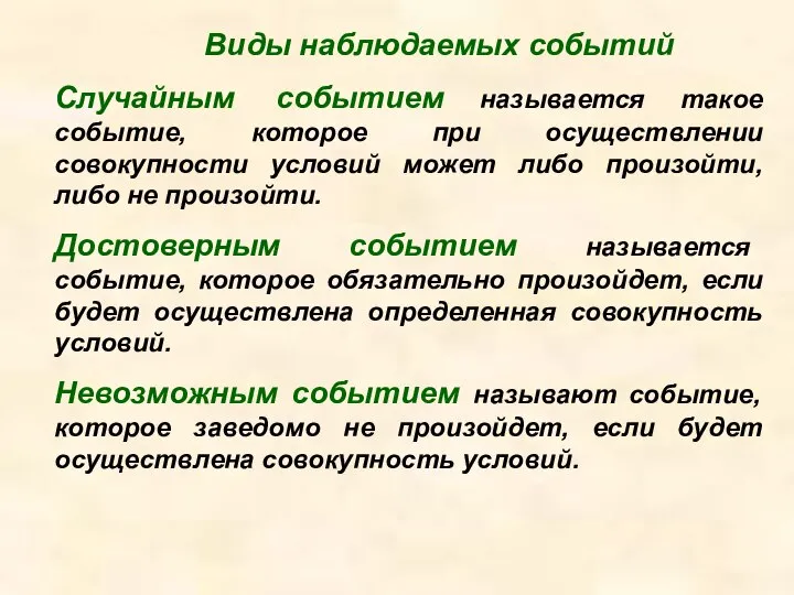 Виды наблюдаемых событий Случайным событием называется такое событие, которое при осуществлении