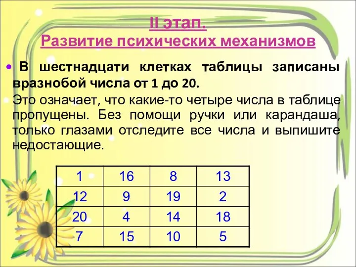 II этап. Развитие психических механизмов В шестнадцати клетках таблицы записаны вразнобой