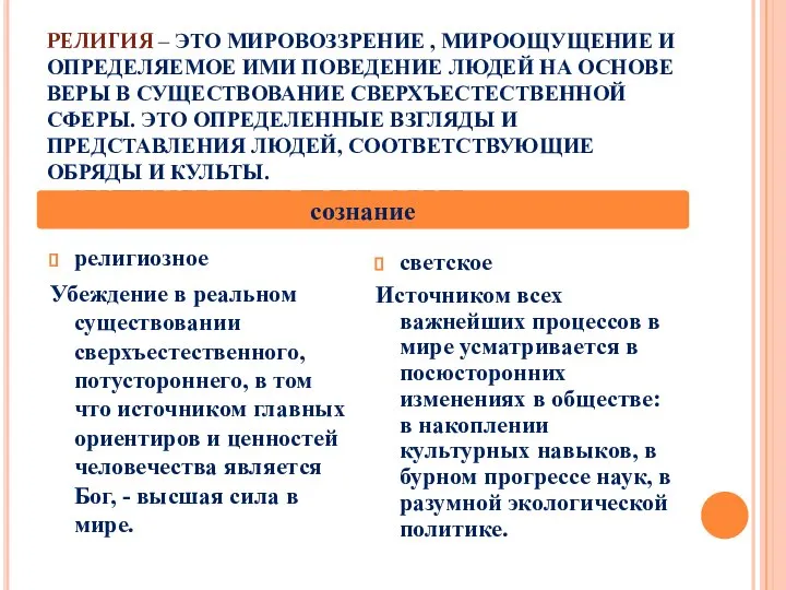 РЕЛИГИЯ – ЭТО МИРОВОЗЗРЕНИЕ , МИРООЩУЩЕНИЕ И ОПРЕДЕЛЯЕМОЕ ИМИ ПОВЕДЕНИЕ ЛЮДЕЙ