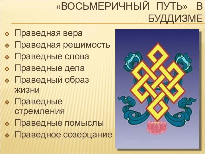 «ВОСЬМЕРИЧНЫЙ ПУТЬ» В БУДДИЗМЕ Праведная вера Праведная решимость Праведные слова Праведные