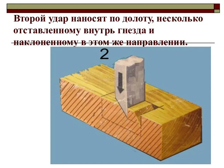 Второй удар наносят по долоту, несколько отставленному внутрь гнезда и наклоненному в этом же направлении.