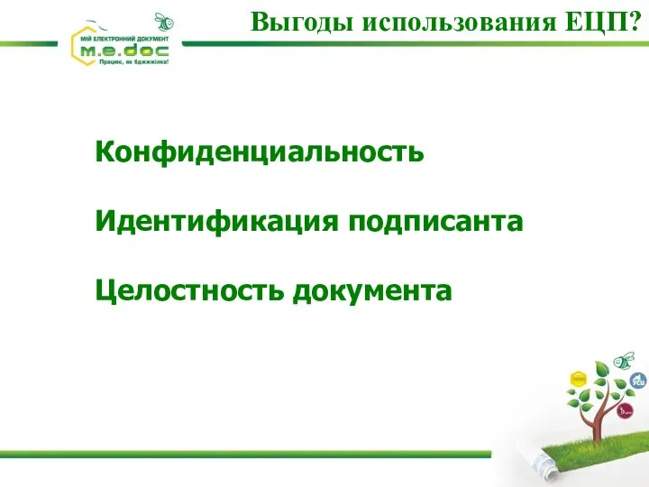 Конфиденциальность Идентификация подписанта Целостность документа Выгоды использования ЕЦП?