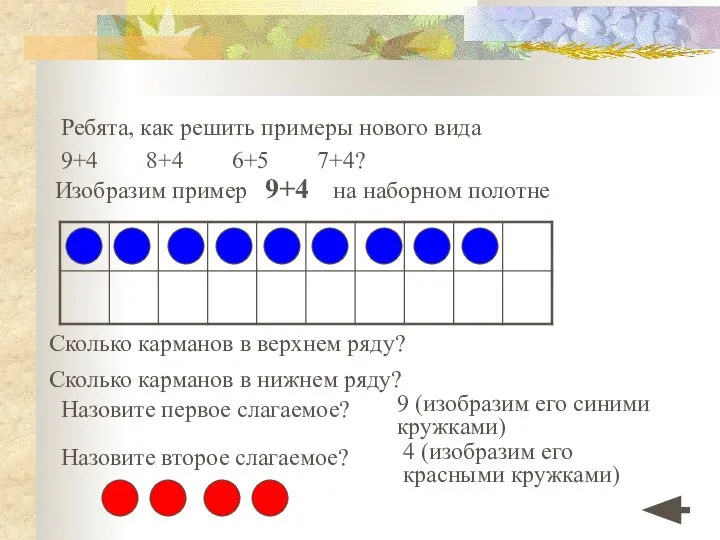 Ребята, как решить примеры нового вида 9+4 8+4 6+5 7+4? Изобразим