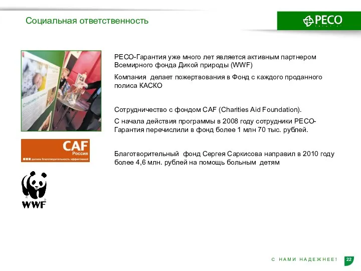 Социальная ответственность РЕСО-Гарантия уже много лет является активным партнером Всемирного фонда