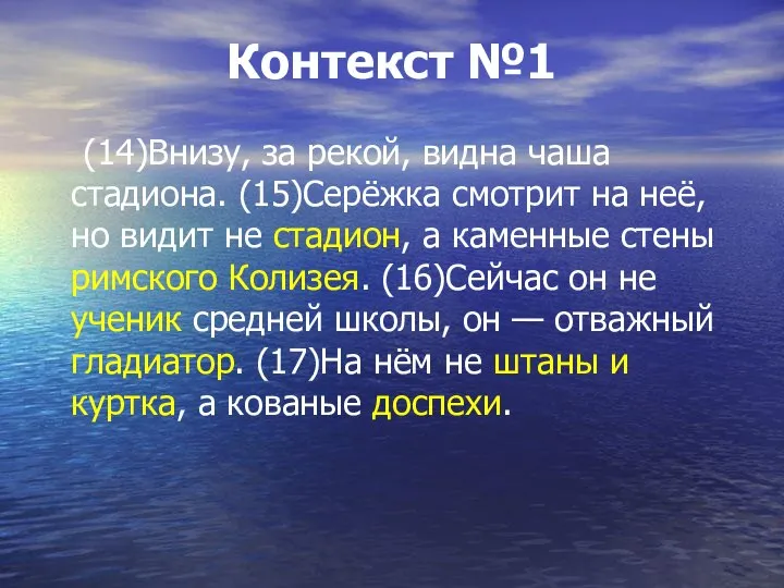 Контекст №1 (14)Внизу, за рекой, видна чаша стадиона. (15)Серёжка смотрит на