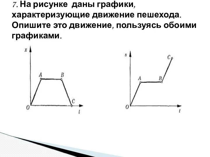 7. На рисунке даны графики, характеризующие движение пешехода. Опишите это движение, пользуясь обоими графиками.