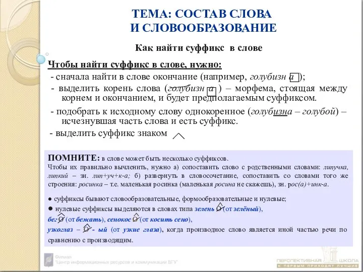 ТЕМА: СОСТАВ СЛОВА И СЛОВООБРАЗОВАНИЕ Как найти суффикс в слове Чтобы