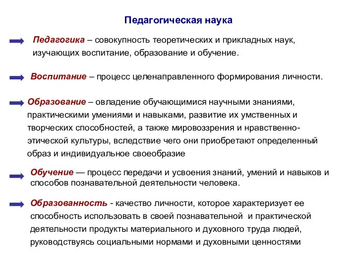 Педагогика – совокупность теоретических и прикладных наук, изучающих воспитание, образование и