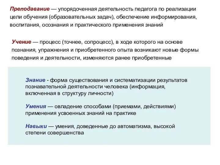 Преподавание — упорядоченная деятельность педагога по реализации цели обучения (образовательных задач),