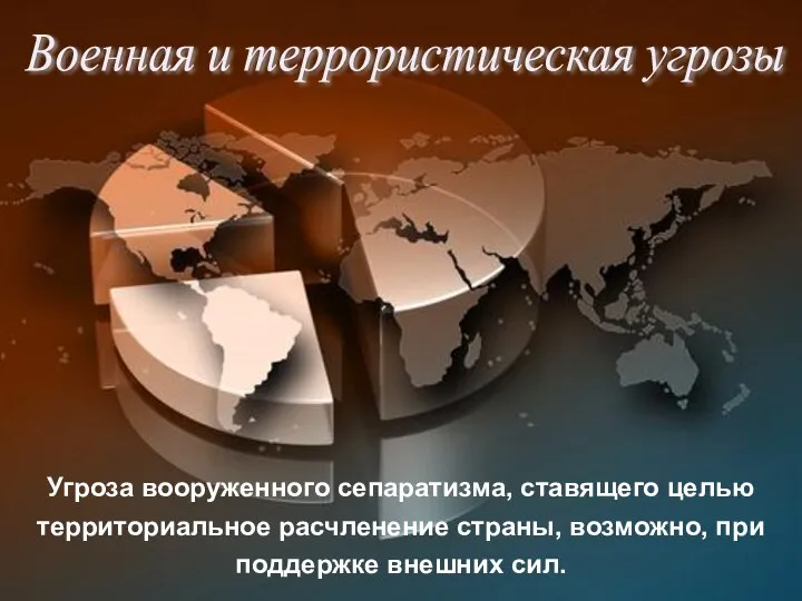 Угроза вооруженного сепаратизма, ставящего целью территориальное расчленение страны, возможно, при поддержке