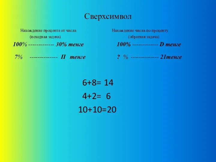 Сверхсимвол Нахождение процента от числа Нахождение числа по проценту (исходная задача)