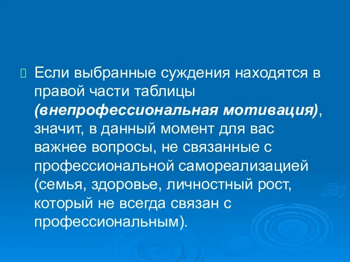 Если выбранные суждения находятся в правой части таблицы (внепрофессиональная мотивация), значит,