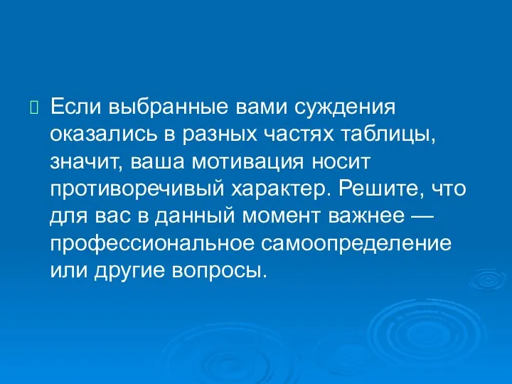 Если выбранные вами суждения оказались в разных частях таблицы, значит, ваша