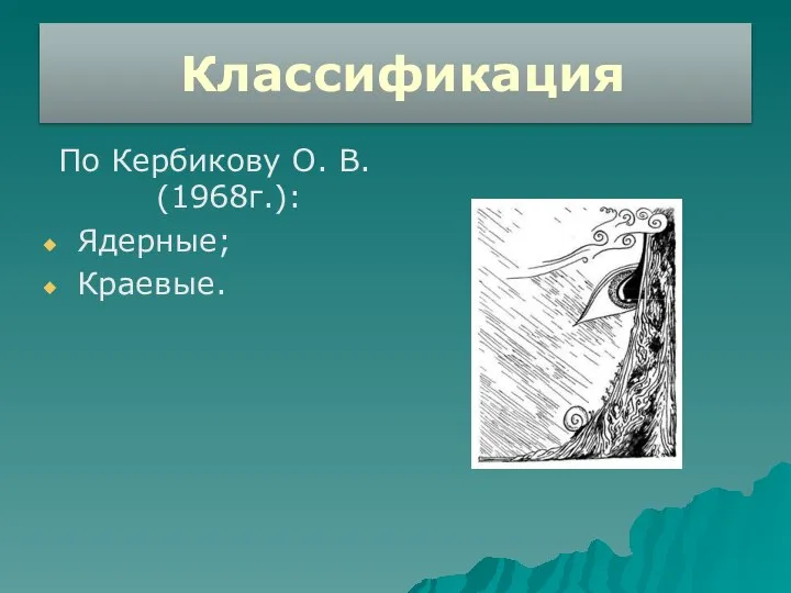 Классификация По Кербикову О. В. (1968г.): Ядерные; Краевые.