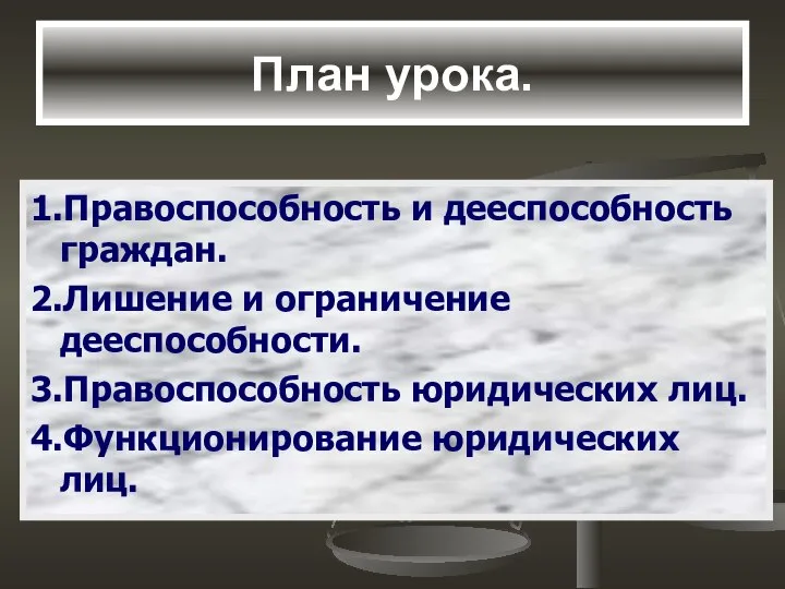 План урока. 1.Правоспособность и дееспособность граждан. 2.Лишение и ограничение дееспособности. 3.Правоспособность юридических лиц. 4.Функционирование юридических лиц.